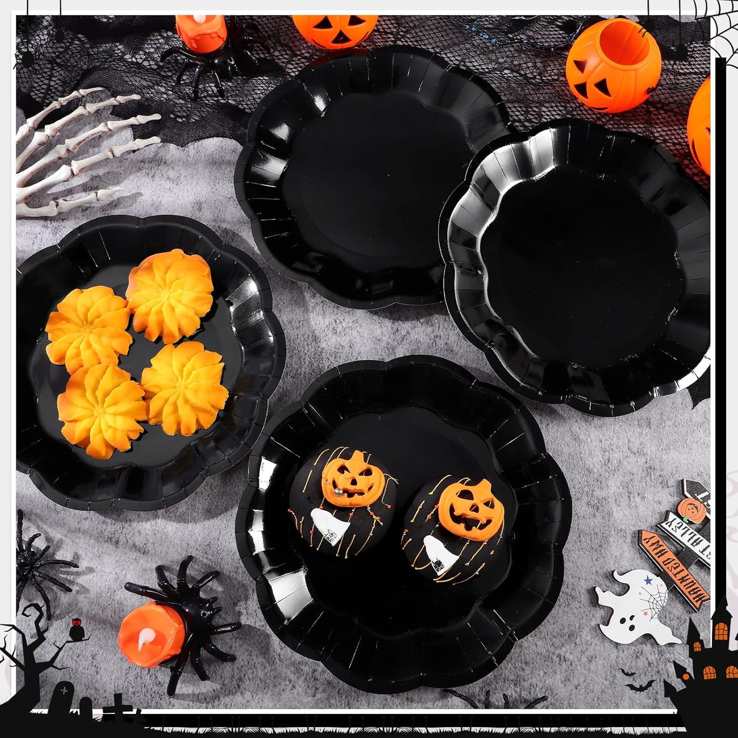 30pcs Black Halloween Paper Plates, 9 in Scalloped Halloween Party Plates Black Dinner Plate Disposable Paper Plate for Wedding, Birthday, Baby Shower, Holiday Party