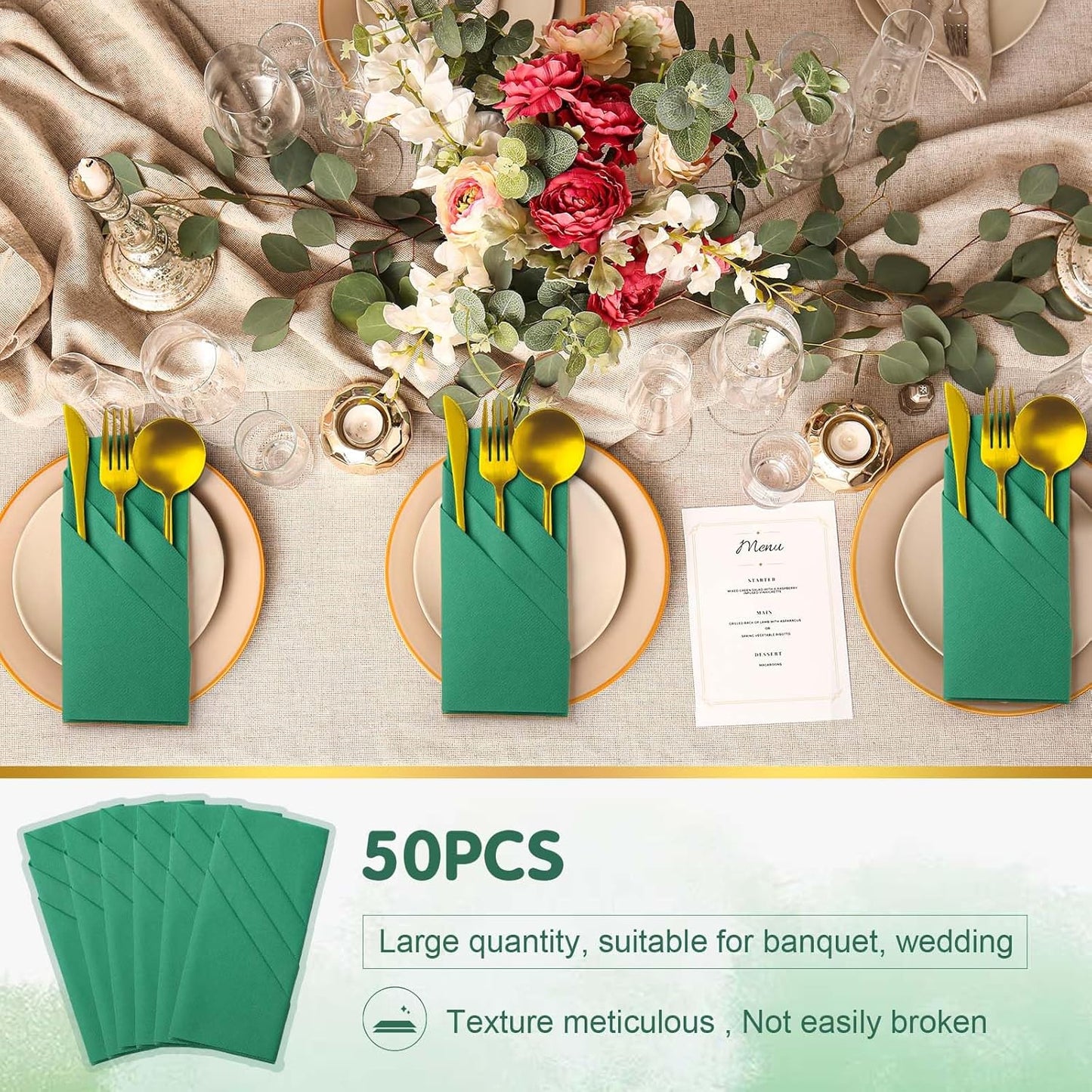 Qilery 50 Pcs Paper Linen Napkins Disposable Airlaid Paper Prefolded Dinner Napkins with Built in Flatware Pocket for Silverware Valentine Wedding Party Christmas Day (Lake Green)
