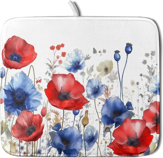 Poppy Flower Dish Drying Mat 16x18 for Kitchen Memorial Independence Day 4th of July USA Red Blue Flower Dishes Dry Pad Drainer Rack Mats Absorbent Hanging Loop Kitchen Accessories