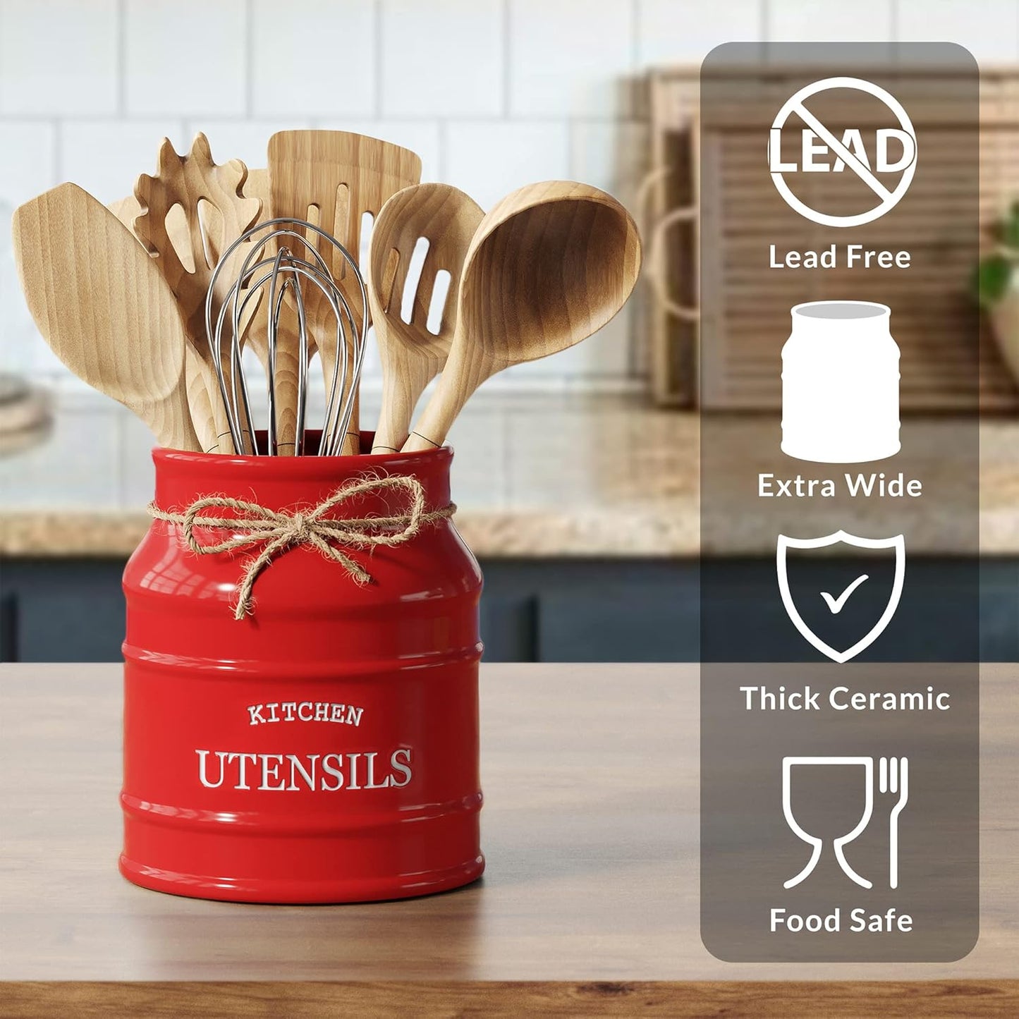 Barnyard Designs Ceramic Farmhouse Utensil Holder for Kitchen Counter, Large Rustic Utensil Crock, Countertop Cooking Tool Spatula Organizer, 6.75” (Red)