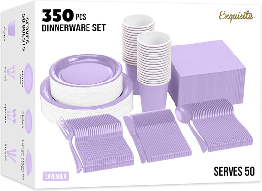 Exquisite 350 Pcs Lavender Paper Plates For Party, Lavender Disposable Plates Set, 50 Of Each 9" Dinner Plate Set, 7" Dessert Plate, Cups, Napkins & Cutlery Paper Dinnerware