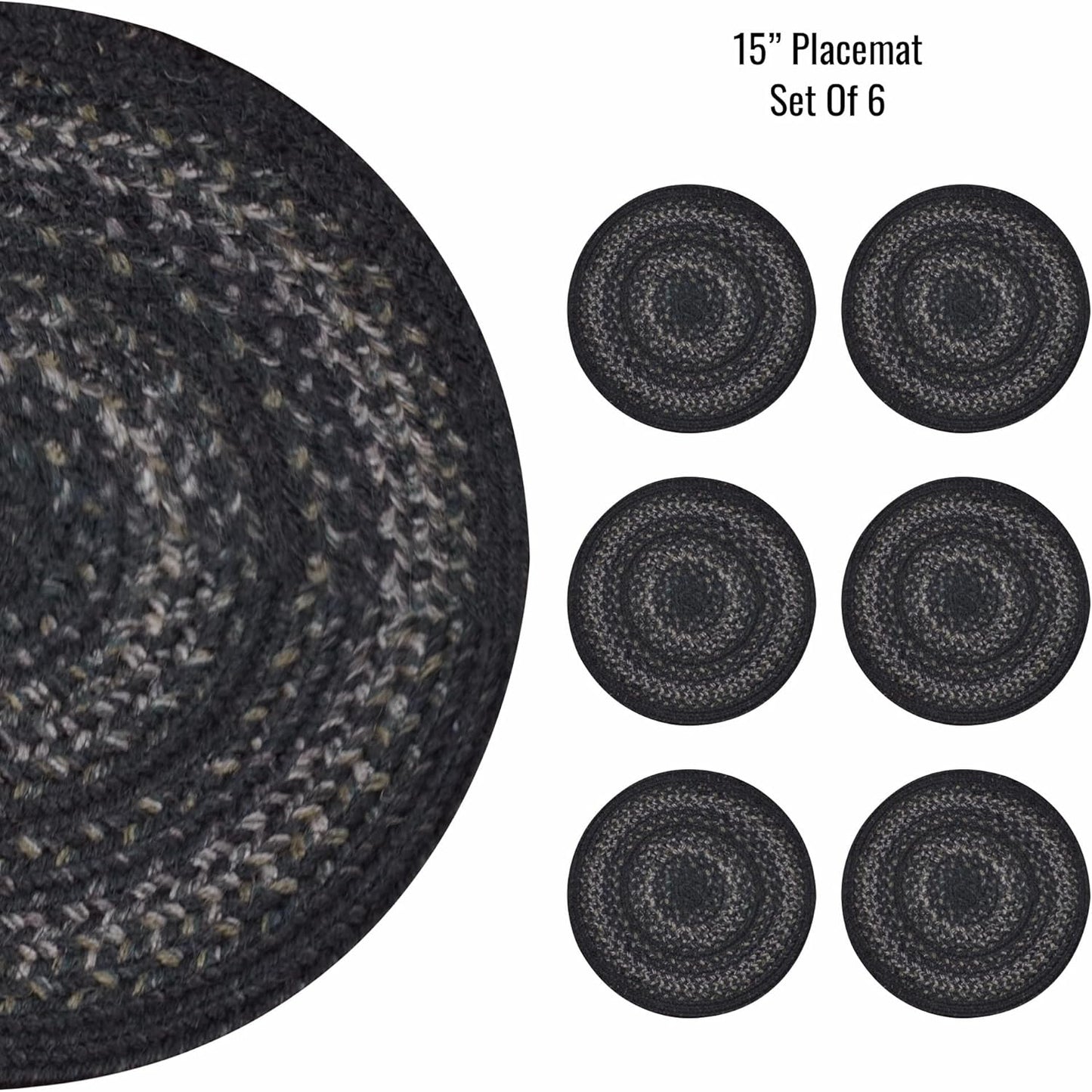 Homespice Jet Black Jute Woven Round Placemats Set of 6, 15", Warm Primitive Decor Table Mats - Vibrant Colors, Durable, Easy to Clean and Protects Furniture
