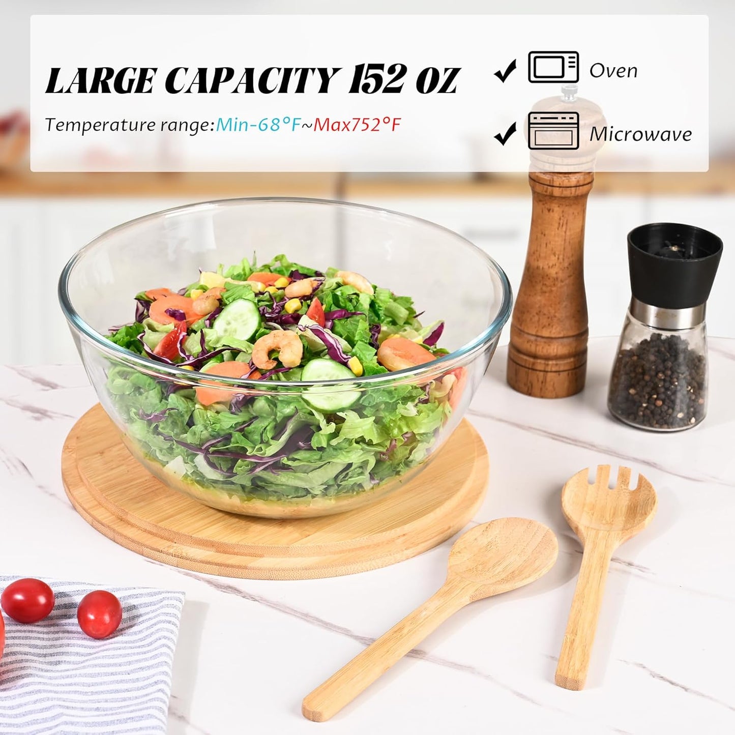 10.6" Glass Salad Bowl with Lid, 4.7 Quart Large Capacity Serving Bowls and Mixing Bowls with Utensils, Versatile Serving Dish for Salads,Fruits,Pasta,Popcorn,Trifle Bowl, Microwave Safe