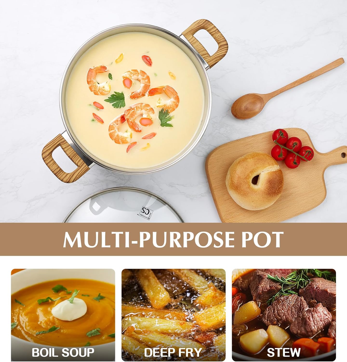 KOCH SYSTEME CS Stainless Steel Pot - 8 Quart Stainless Steel Stock Pot with Visible Lid, Steel Soup Pots with Heat-Resistant Bakelite Double Handle, Dishwasher Safe, Induction Compatible, 8QT