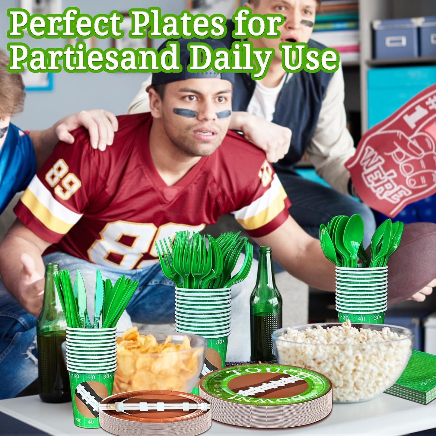 175 PCS Football Party Decorations, Plates and Napkins Sets Includes Plates Dessert Napkins Cups Plastic Knives Forks Spoons Disposable Dinnerware Set For Football Party (25 Guest)