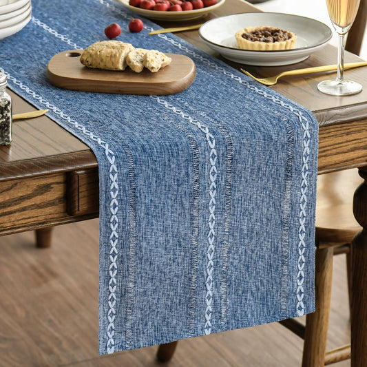 Artoid Mode Blue Rustic Cotton Linen Table Runner, Seasonal Embroidered Hollow Kitchen Dining Table Decoration for Home Party Decor 13x72 Inch