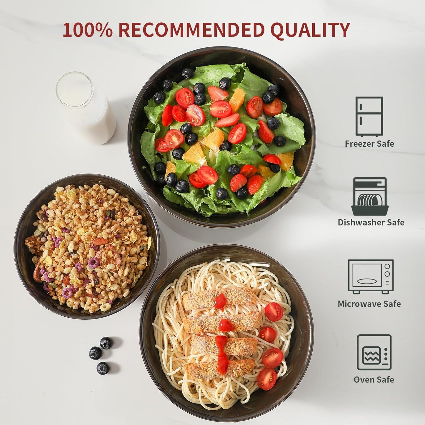 Hasense Mixing Bowls Set of 3, Procelain Serving Bowls Set for Cooking, Baking, Large Nesting Bowls for Salads, Fruit, 2.1/1.5/1.0 Qt, Dishwasher & Microwave Safe, Red