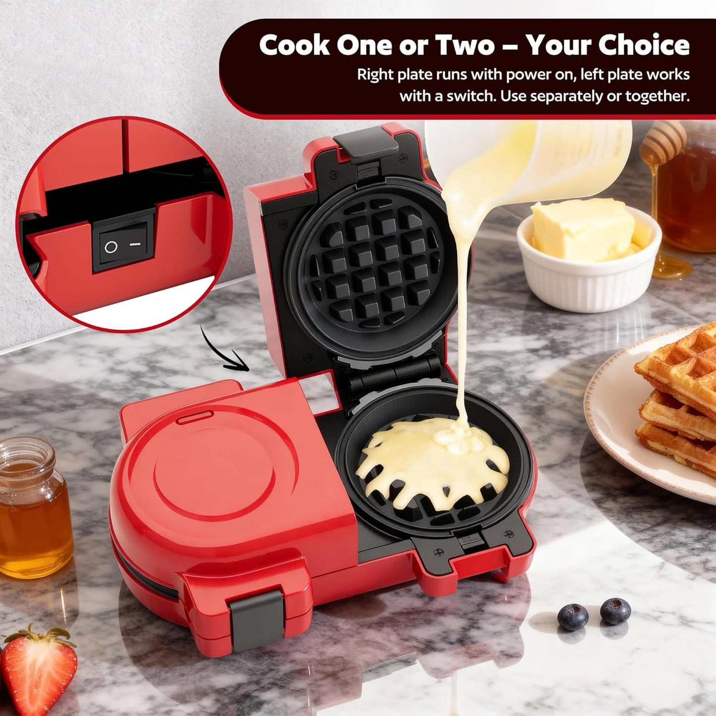 4" Waffle Maker with Removable Plates, 2-in-1 Nonstick Waffle Maker, Independent Dual Heating, Compact Design for Festive Family Breakfasts (228AK)