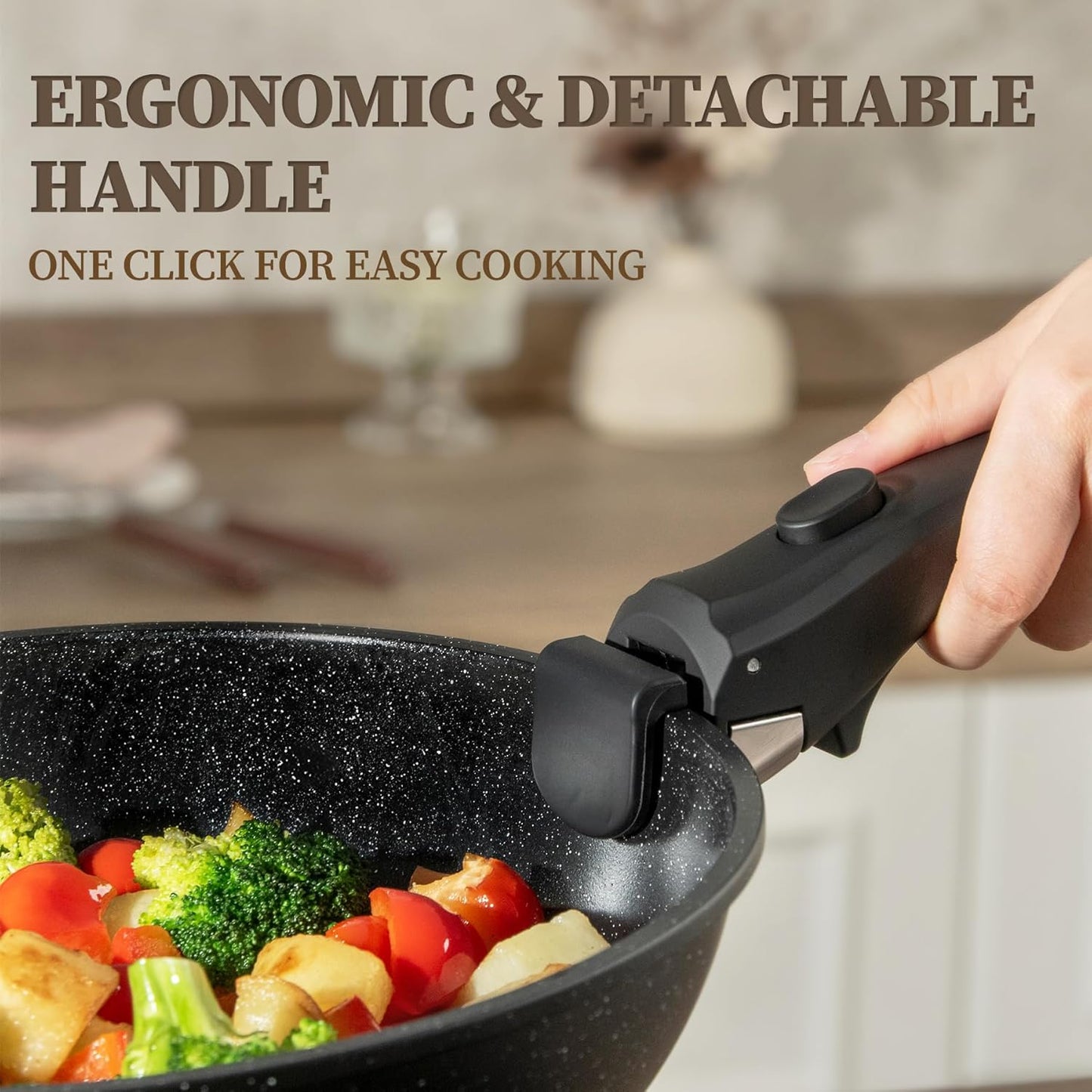 23Pcs Ceramic Cookware Set Non Stick Pots and Pans Set Non Toxic with Detachable Handle Induction Kitchen Cookware Set Space Saving, Oven & Dishwasher Safe, Black