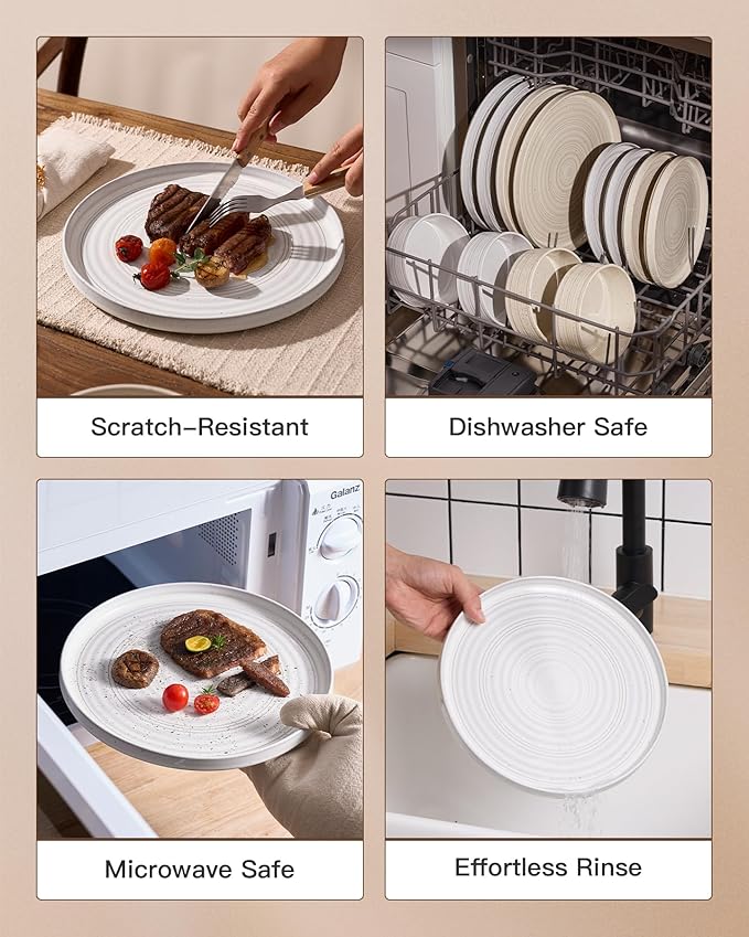 Stoneware Dinnerware Sets, Dish Set for 4, 12 Pieces Spiral Dishware Set with Straight Rim, Speckles & Reactive Glaze - Microwave and Dishwasher Safe Tableware, White