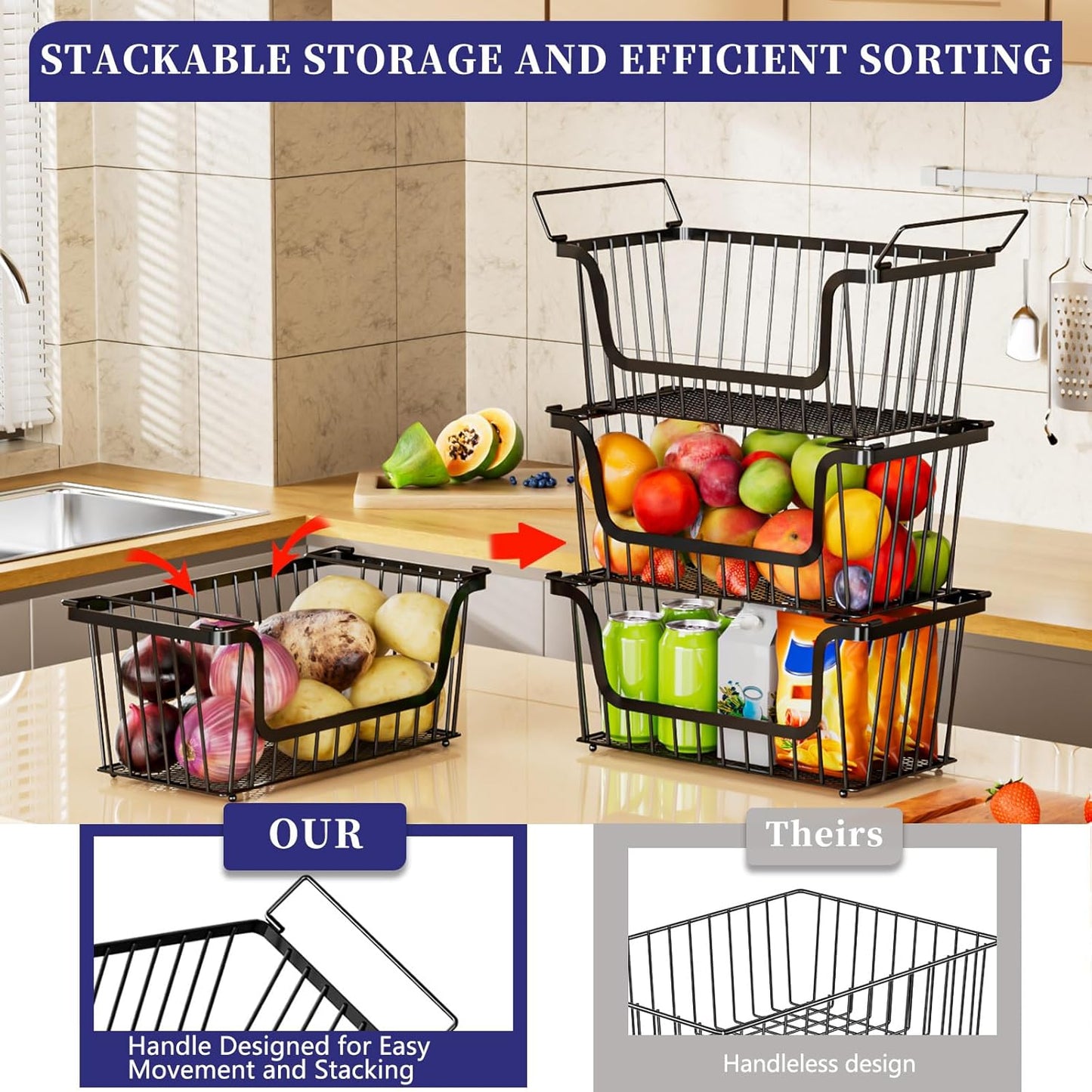 Enhanced Leak-Proof Bottom Stackable Wire Baskets, 5 Pack Pantry Organizers and Storage, pantry storage，Shelf Baskets, Fruit Basket, Potato and Onion Storage Bins，(Black)