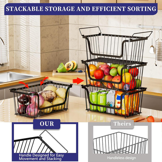 Enhanced Leak-Proof Bottom Stackable Wire Baskets, 6 Pack Pantry Organizers and Storage, pantry storage，Shelf Baskets, Fruit Basket, Potato and Onion Storage Bins，(Black)