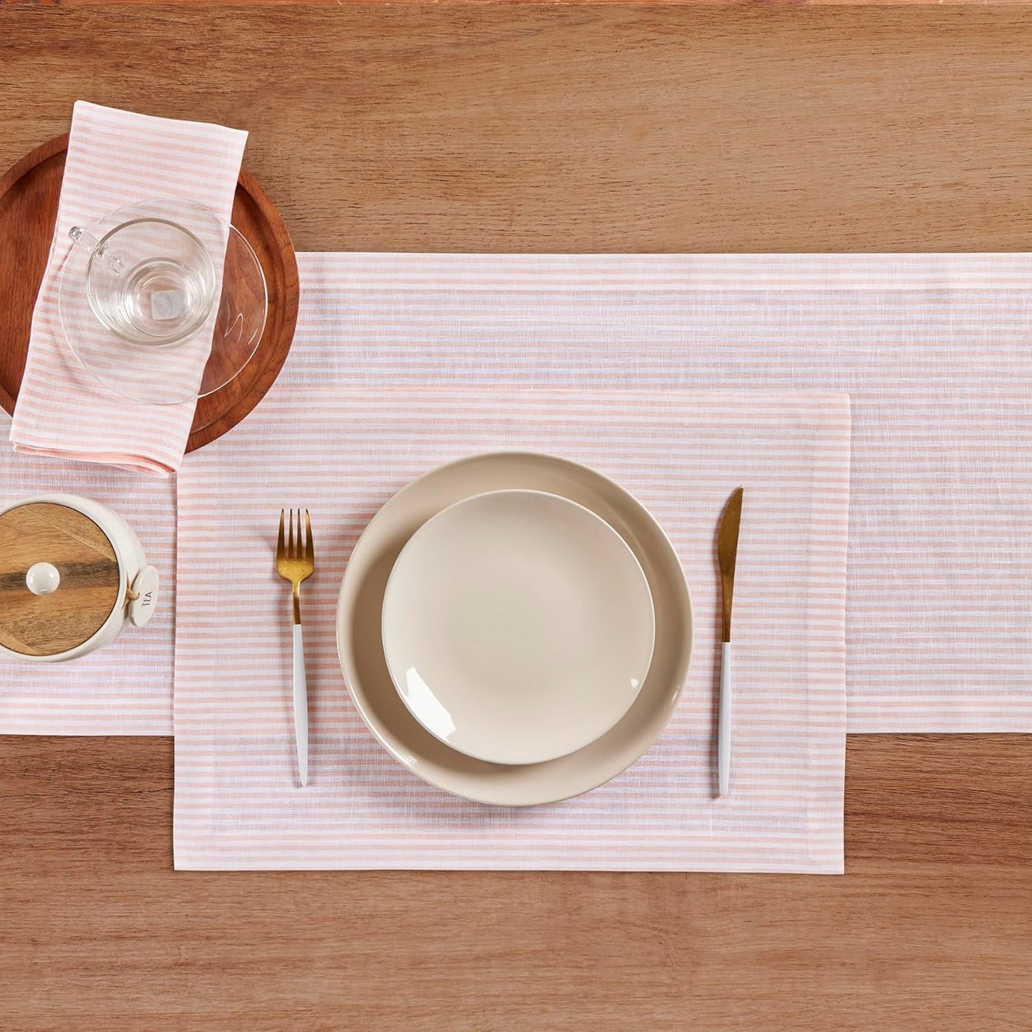 Solino Home Linen Table Runner 90 Inches Long - Narrow Stripe, 100% Pure Linen Peach and White Farmhouse Table Runner 14 x 90 Inch for Dining