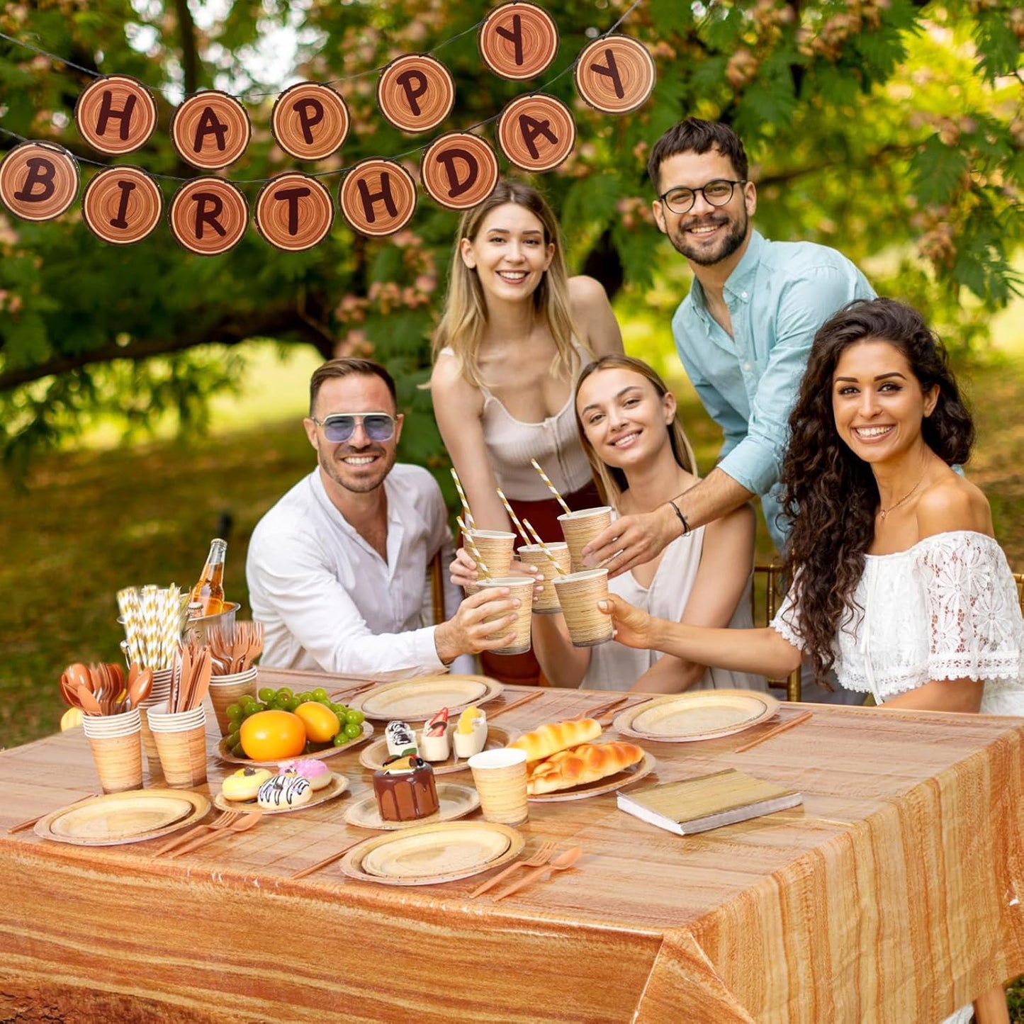 Sawysine 202 Pcs Wood Grain Party Supplies Disposable Dinnerware Set 50 Plates 25 Cups 25 Napkins 25 Plastic Forks 25 Knives 25 Spoons 25 Straw Flag Tablecloth to Serve 25 Guests