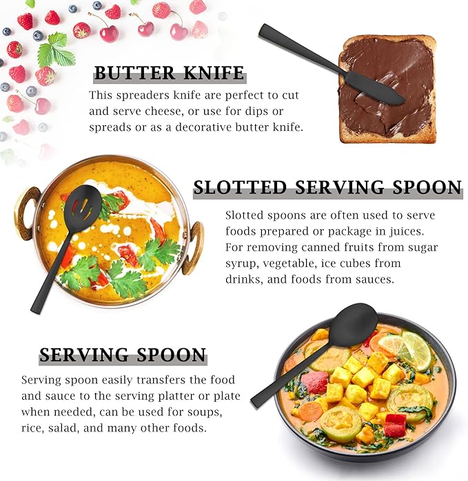 Herogo 5-Piece Matte Black Stainless Steel Serving Utensils Set, Metal Square Hostess Serving Set for Catering Banquet Buffet Party Camping Kitchen Restaurant, Dishwasher Safe