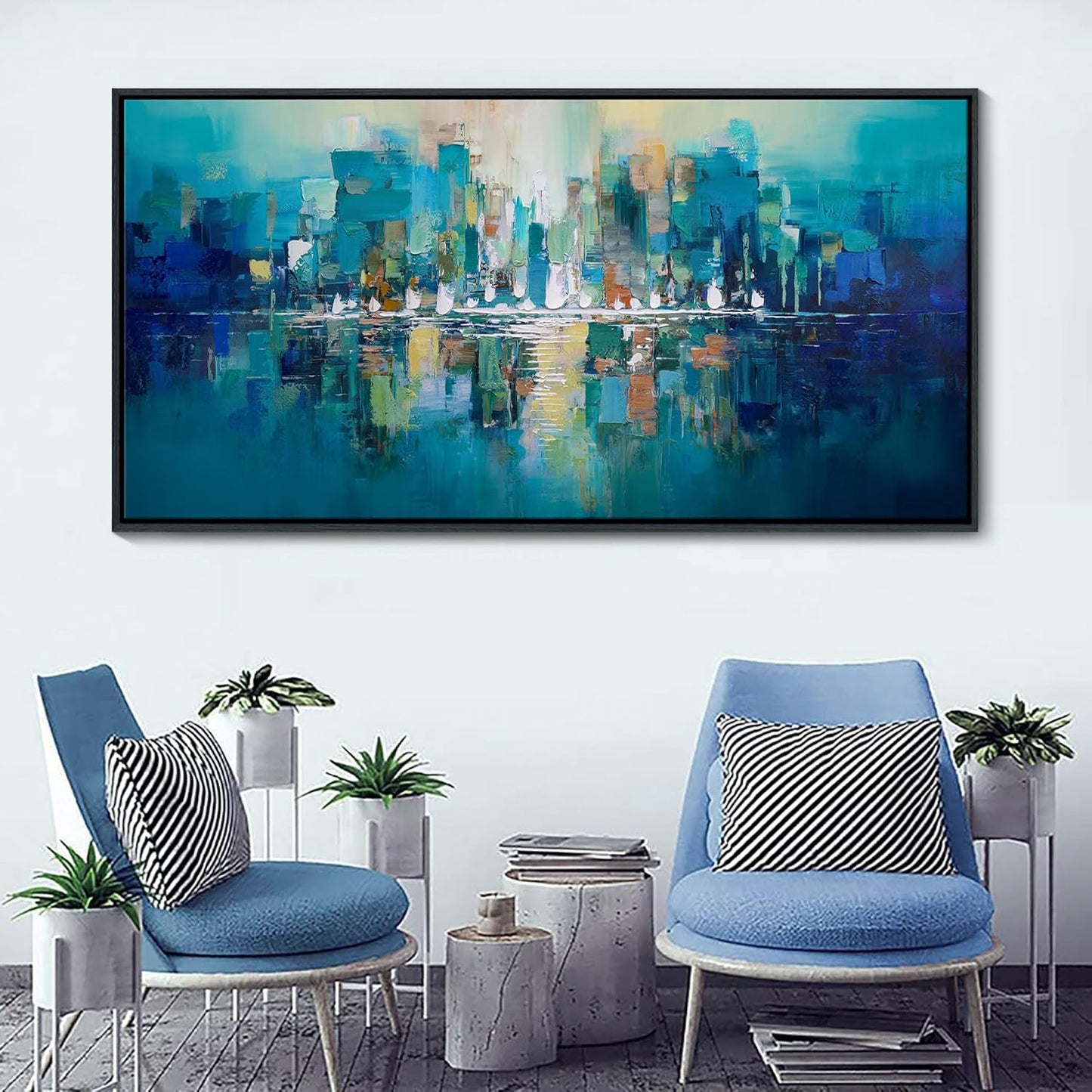 Large Wall Art for Living Room - Abstract Wall Decor Framed Picture Artwork for Wall Decorative Paintings Teal and White Modern Office Bedroom Art