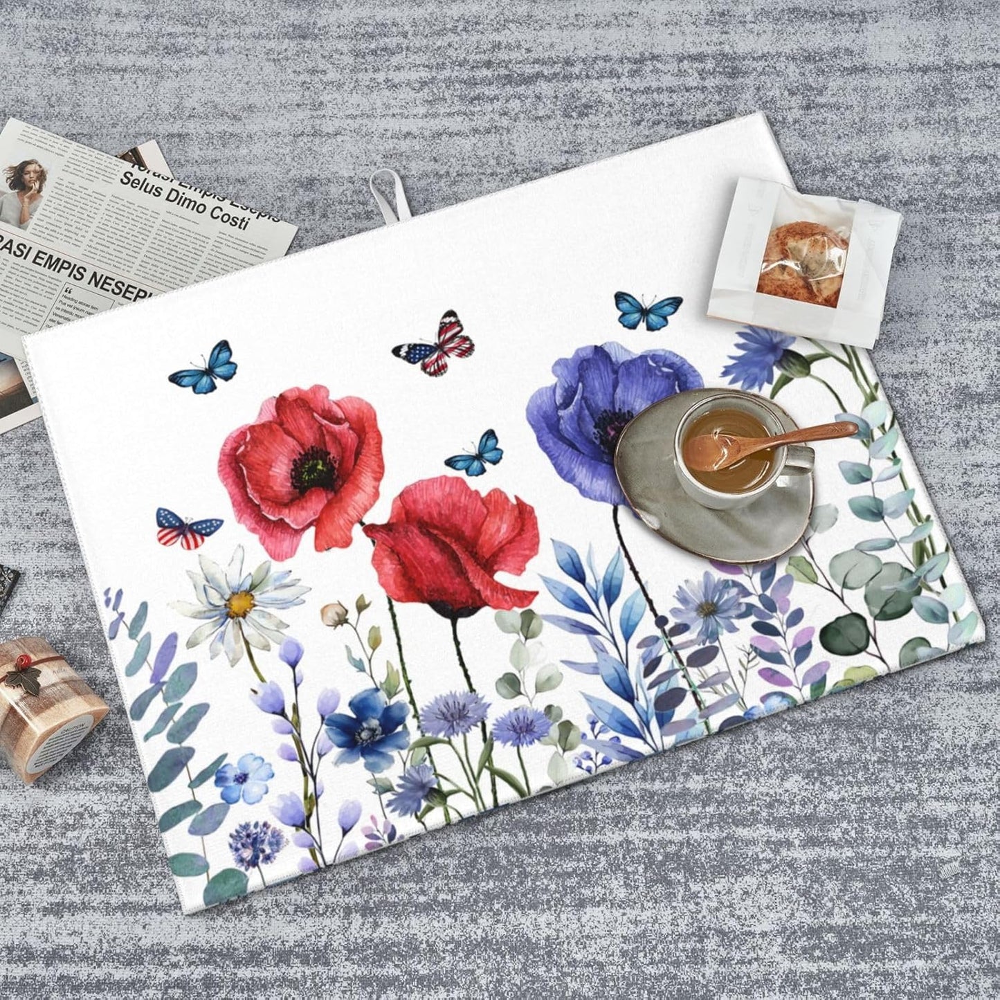 Independence Day Dish Drying Mat 18x24 For Kitchen Counter 4th Of July Blue Red Floral Kitchen Drying Mat Memorial Day Decorative patriotic Flower Drying Pad for Kitchen Decor,Dining Room