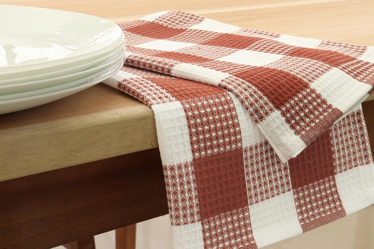 PurpleEssences Rust 100% Cotton Waffle Weave Check Plaid Kitchen Towels, Super Soft and Absorbent Dish Towels for Drying Dishes 15 x 25-4 Pack - Fall Thanksgiving - Rust and White