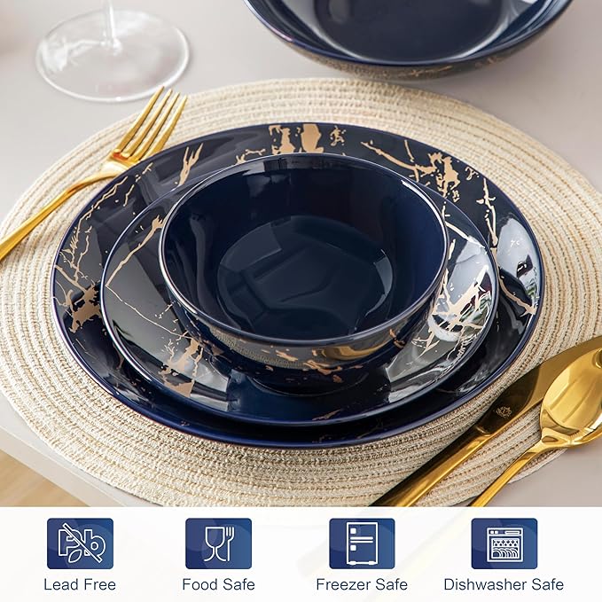LOVECASA Plates and Bowls Sets for 6, 24 Pieces Porcelain Dinnerware Sets, Dark Blue and Gold Dish Set Gold Splash Dishware Sets, Dishwasher Microwave Safe