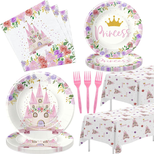 Princess Birthday Party Supplies Dinnerware, Princess Party Decorations Tableware for Birthday Baby Shower, Paper Plates and Napkins Set, Disposable Forks, Tablecloth | Serves 24