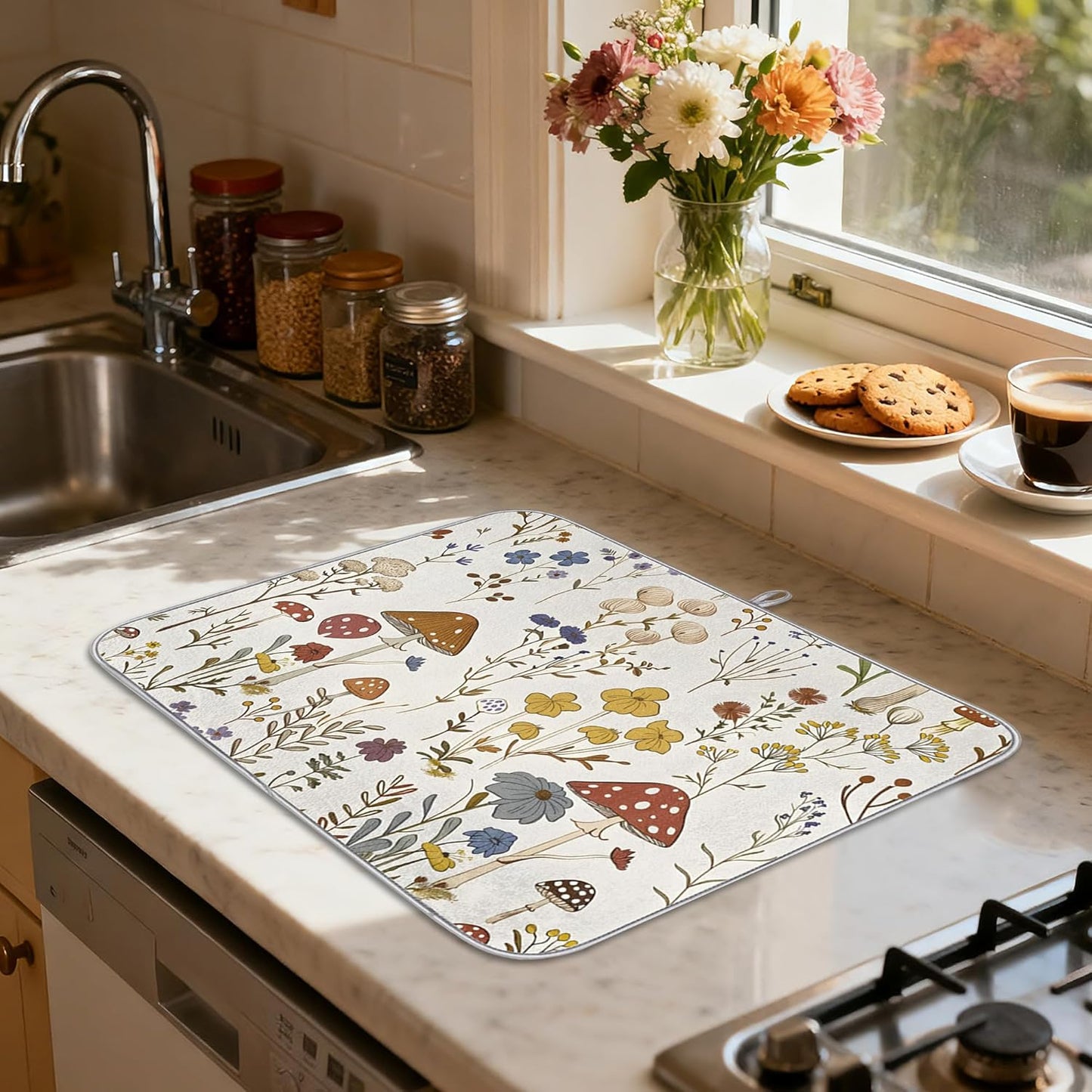Dish Drying Mat for Kitchen - Cute Mushroom Wild Plant Print Microfiber Kitchen Mat, Non-Slip Absorbent Sink & Countertop Protector, Reusable for Dishes Bowl Cup Pan Large 18x24 Inches