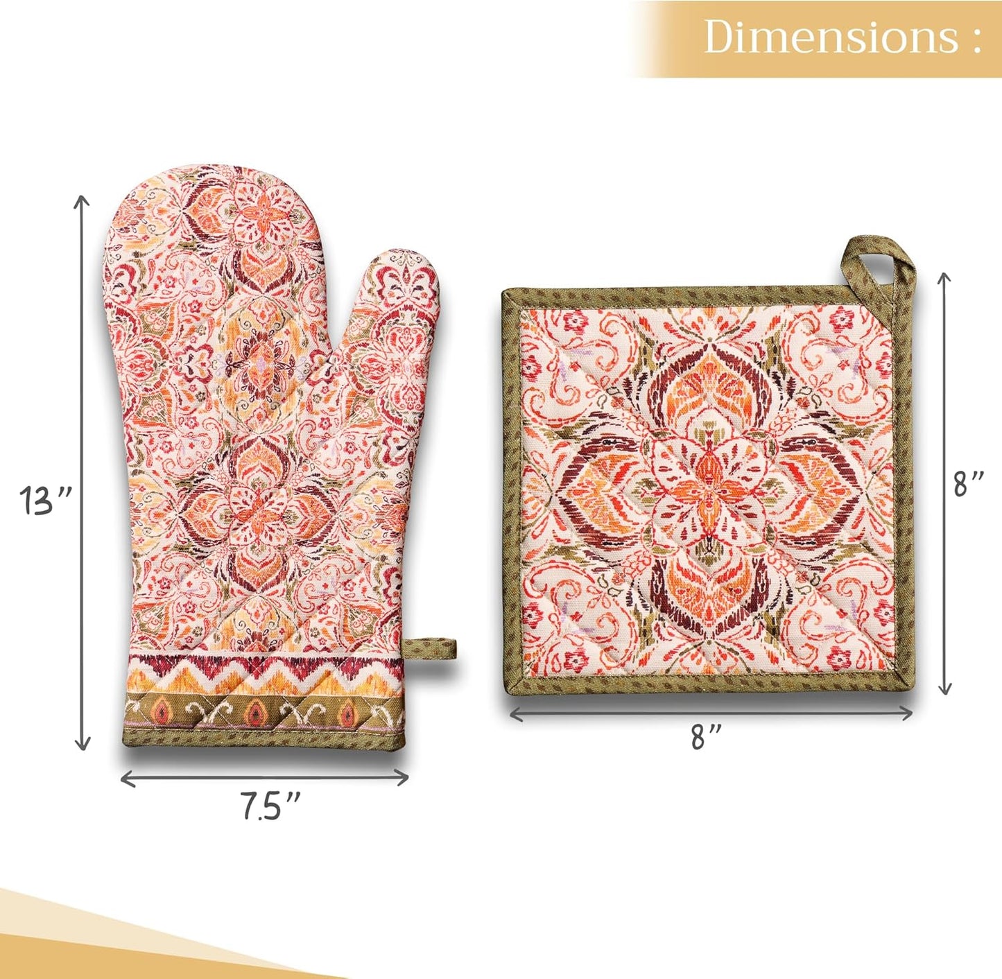 Maison d' Hermine 100% Cotton Oven Mitt & Pot Holder Set (7.5"x13" & 8"x8") Heat Resistant BBQ Cooking Gloves with Loop for Thanksgiving Christmas Decorations Handling Hot Pans (Damask)