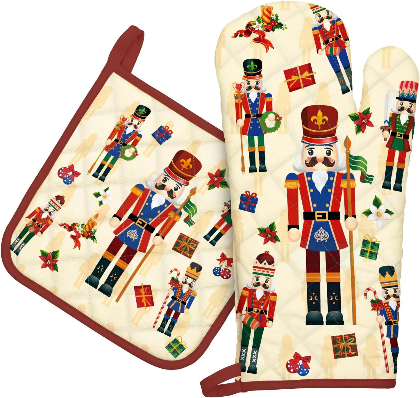 Christmas Nutcracker Oven Mitts and Pot Holders Sets 2Pcs, 100% Cotton Heat Resistant, Extra Long Oven Gloves Potholder for Kitchen Cooking Baking Decoration