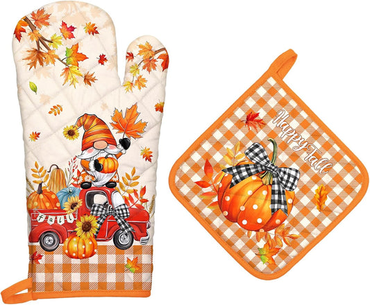 Fall Pumpkin Gnome Oven Mitts and Pot Holders Sets 2Pcs, 100% Cotton Heat Resistant, Extra Long Oven Gloves Potholder for Thanksgiving Kitchen Cooking Baking Decoration