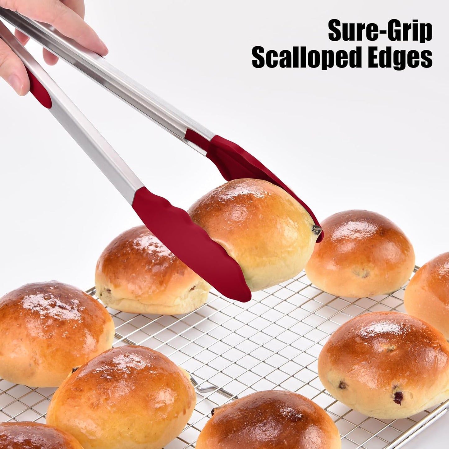 Doosu Kitchen Tongs for Cooking - 600°F Heat Resistant Food Tong Set with Non-Scratch Silicone Tips, Heavy Duty Stainless Steel Locking Tong for BBQ, Grilling Steak, Serving Salad (9+12in, Red)