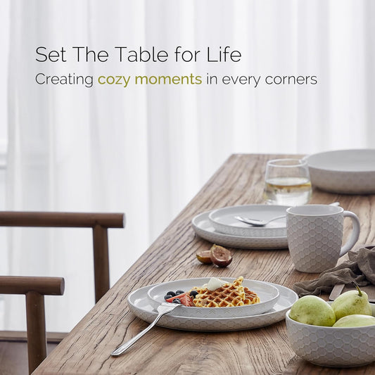 Stoneware Dinnerware Sets Service for 4, 12 pcs Reactive Glaze Plates and Bowls Sets, Embossed Boho Ceramic Dish Set, Highly Chip and Crack Resistant Farmhouse Plate Set, Ivory White