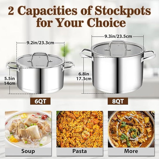 Rorence 6 Quart Stainless Steel Stockpot, Tri-Ply Base Large Pot for Cooking with Lid for Soup, Pasta, Vegetable, Induction Cooking Pot for All Stoves, Oven & Dishwasher Safe