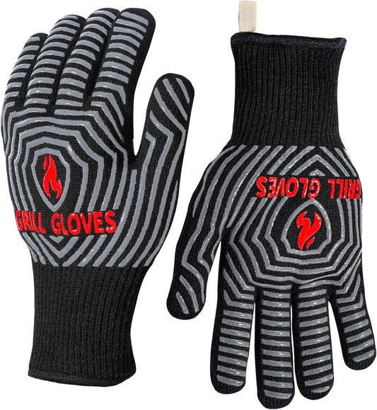 QUWIN BBQ Gloves, Oven Gloves, 1472℉ Extreme Heat Resistant,Grilling Gloves Silicone Non-Slip Oven Mitts, Kitchen Gloves for BBQ, Grilling, Cooking, Baking-1 Pair… (Black, One Size Fits Most)