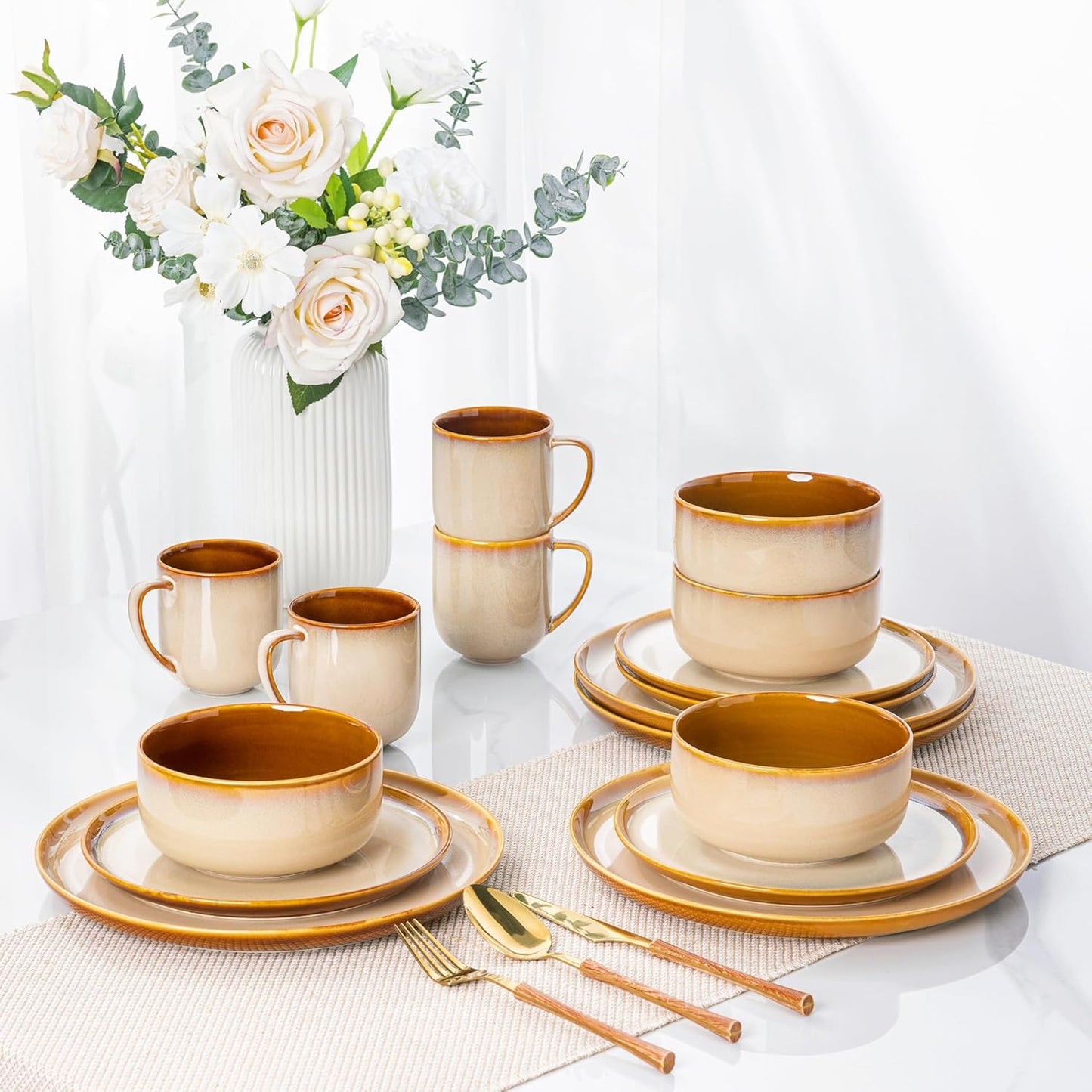 LERATIO Ceramic Dinnerware Sets for 4,16-PieceReactive Glaze Plates and Bowls Set with Mugs,Highly Chip and Crack Resistant | Dishwasher,Microwave & Oven Safe Dishes set-Kahki