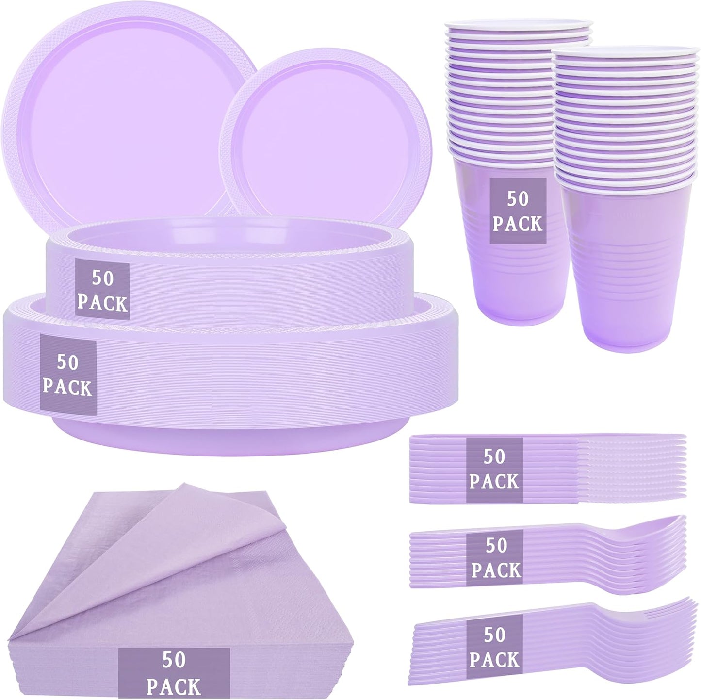 MirthMood 350PCS Lavender Plastic Plates,Lavender Disposable Plates Set – Plastic Plates Set Includes 50 Dinner,50 Dessert Plate,50 Cup&50 Napkins, 50 Lavende Silverware for Wedding & Birthday Parties