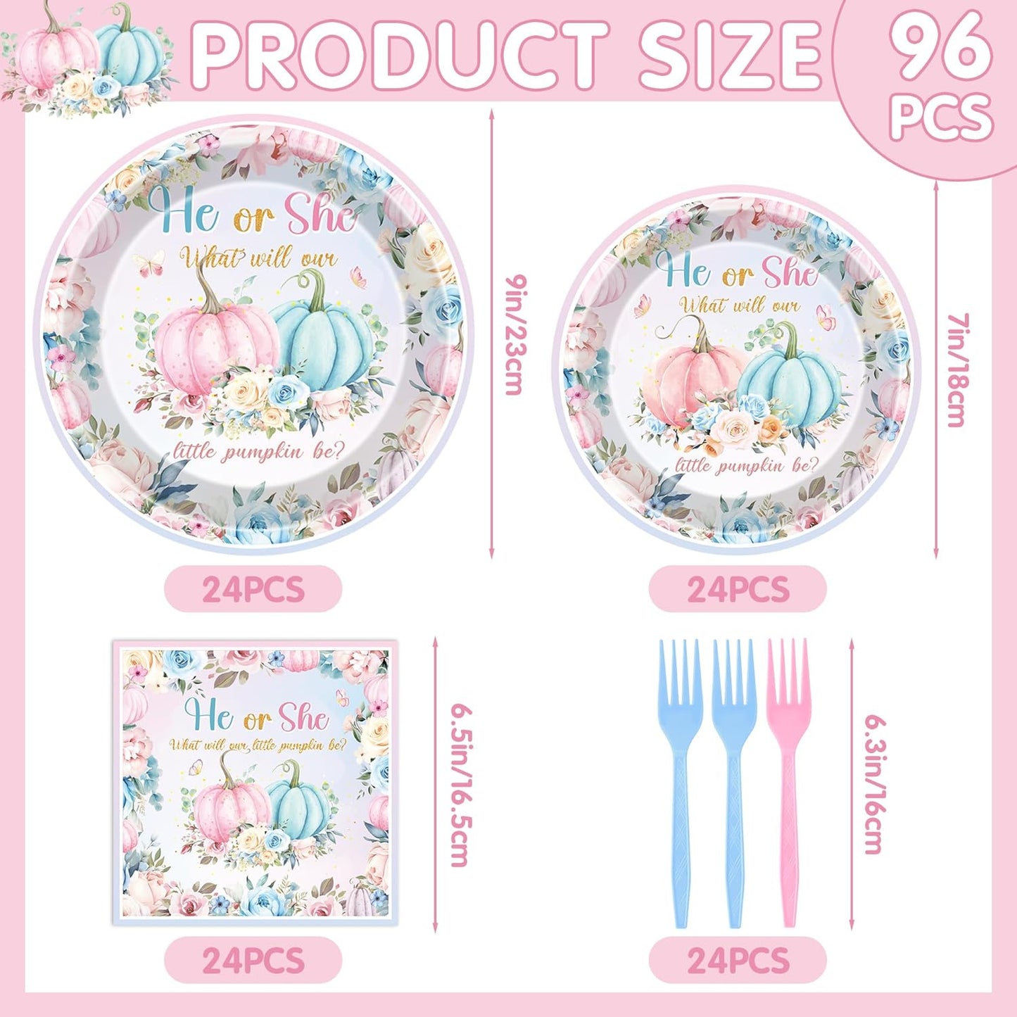 Fall Gender Reveal Decorations - 96 Pcs Pumpkin He or She Plates Napkins Forks Tableware Set, Pink Blue Paper Disposable Party Supplies Decor Kit for Baby Shower Boy or Girl Serve 24 Guests