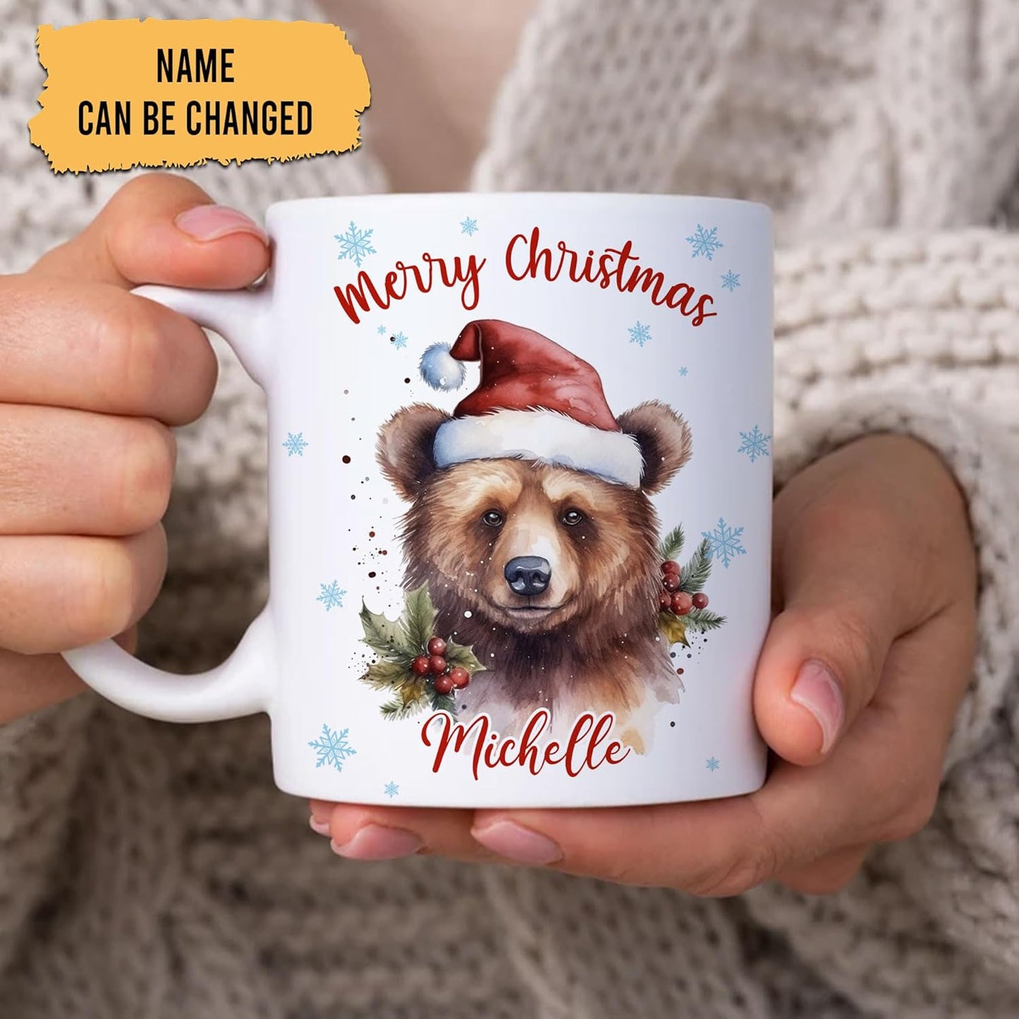 Hyturtle Personalized Gifts Bear Lover - Bear Wearing Santa Hat Custom Name Ceramic Coffee Mug Cup 11oz - Cute Animal Lovers Gifts For Women, Girl kids Family On Birthday, Christmas