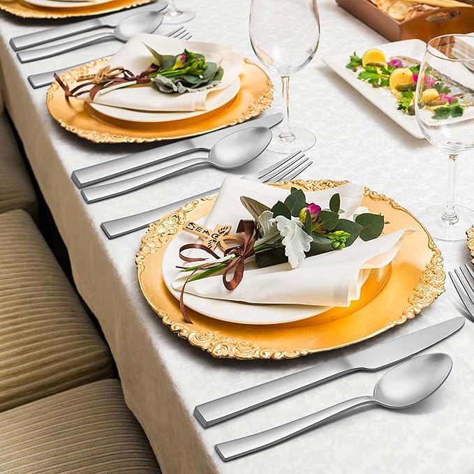 Herogo 40-Piece Matte Silverware Set for 8, Stainless Steel Square Flatware Cutlery Set, Tableware Eating Utensils Include Knife Spoon Fork, Satin Finish, Dishwasher Safe