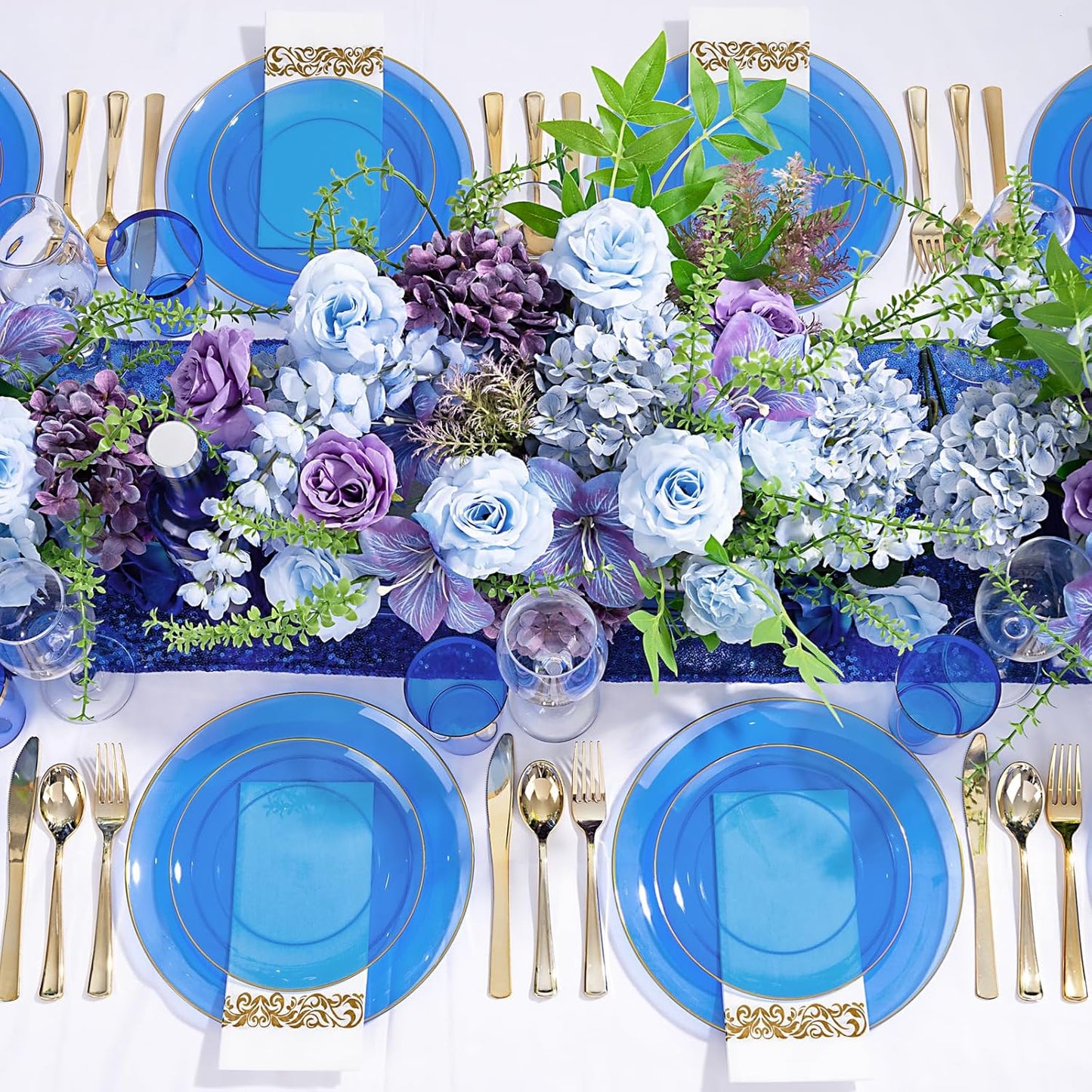 YOUBET 175PCS Clear Blue Plastic Plates - Blue and Gold Disposable Plates Include 50 Plate, 75 Silverware, 25 Cups, 25 Napkins for Wedding & Party