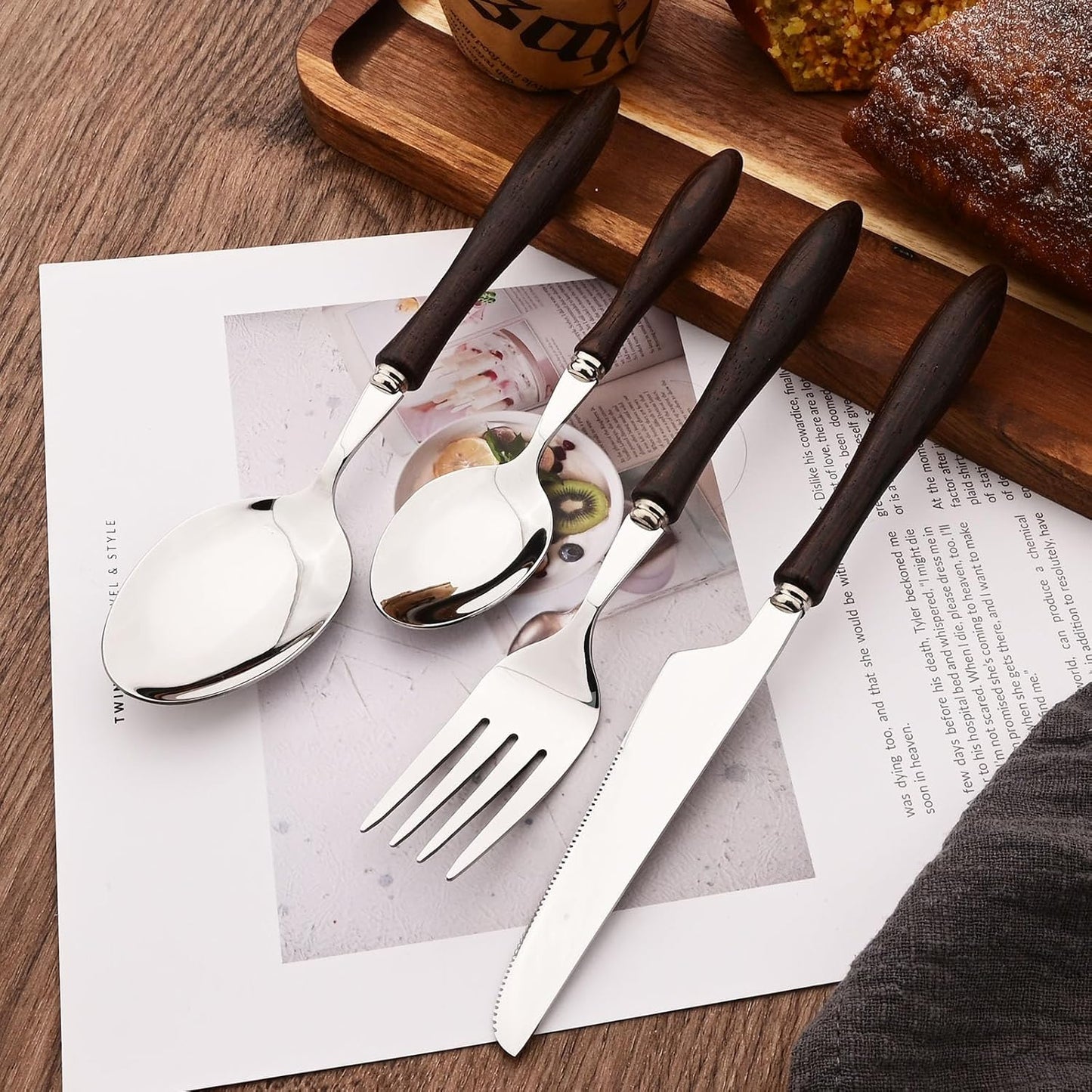 304 Stainless Steel Flatware Silverware Set with Wooden Handles, Rustic Tableware Cutlery Set for 6, Natural Wood Grain Knives Forks Spoons Set, (24 PCS, Wenge Wood Handle)