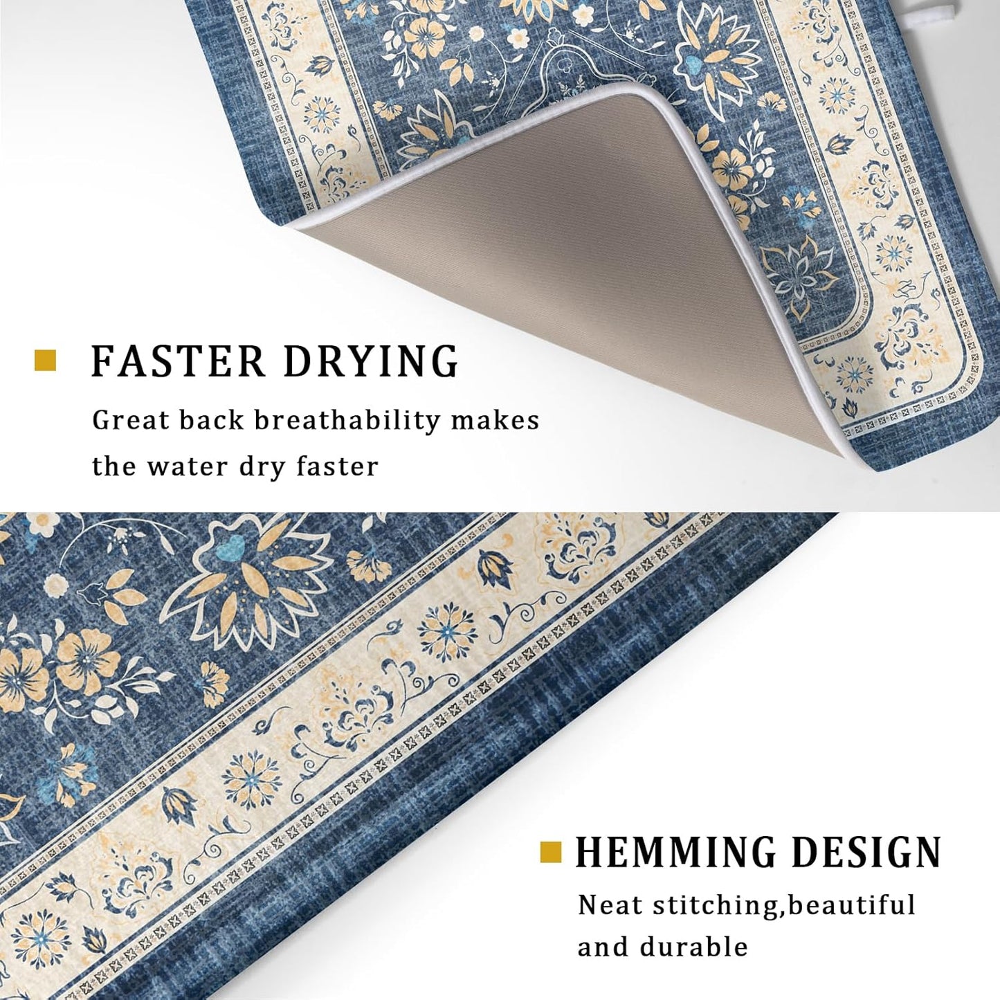 Blue Boho Dish Drying Mat for Kitchen Counter 18x24 Inch Fast Dry Drying Pad Vintage Floral Dish Drainer Rack Mats Coffee Bar Accessories