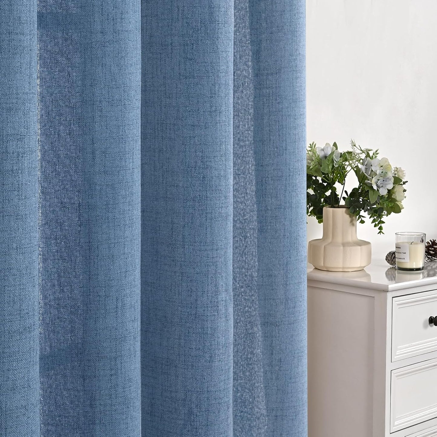 YoungsTex Denim Blue Linen Curtains 84 Inches Length for Living Room 2 Panels - Semi Sheer Light Filtering Window Treatments Drapes with Grommet Privacy for Bedroom Dining Room, 52 x 84 Inch
