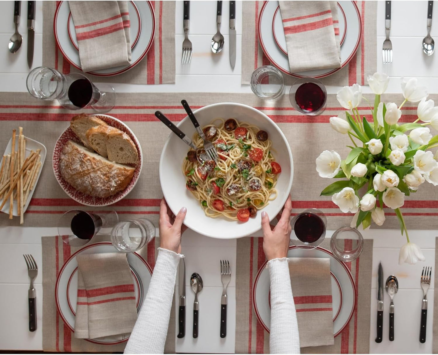 Solino Home Linen Table Runner 120 Inches Long - 100% Pure Linen Red and Natural French Stripe Table Runner 14 x 120 Inch for Dining, Fall, Autumn, Christmas