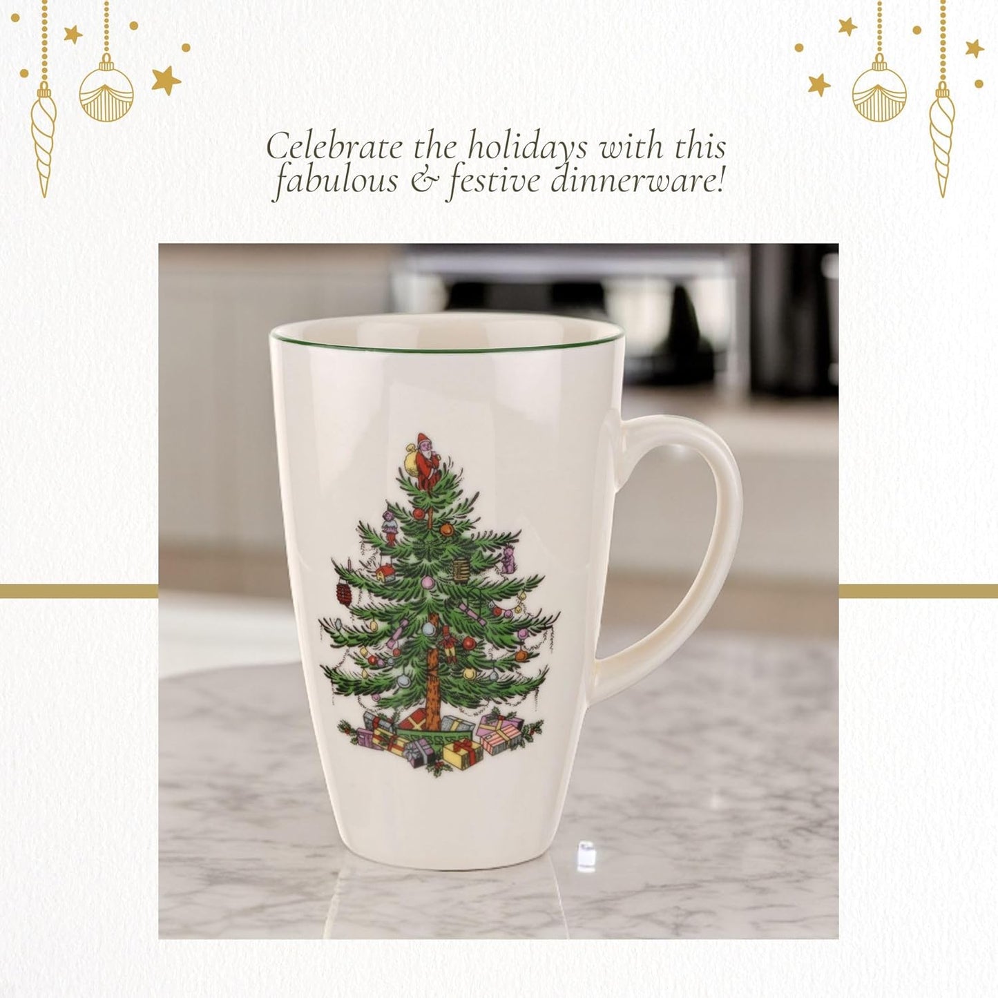 Spode Christmas Tree Latte Mug - 22 Oz Holiday Coffee Cup for Tea, Hot Cocoa, & More - Classic Green Banded Christmas Tree Design - Dishwasher & Microwave Safe Fine Stoneware Mug
