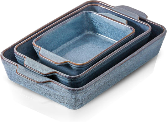 HVH 9x13 Baking Dish Set, Large Casserole Dishes for Oven, Ceramic Bakeware Set of 3, Rectangular Lasagne Pan Deep for Baking (Wabi sabi)