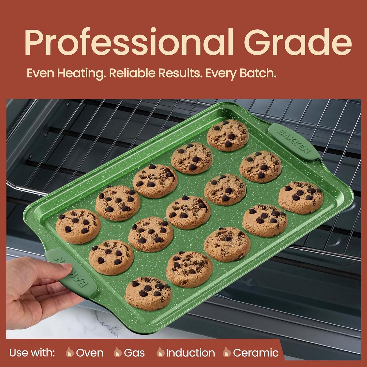 BAKKEN Kitchen Baking Pan Set - Nonstick Green Marble Coating, Carbon Steel Bakeware Sets with Green Silicone Handles, Kitchen Essentials, PFOA, PFOS, PTFE Free, Oven Safe (Up To 450° F), Set of 18