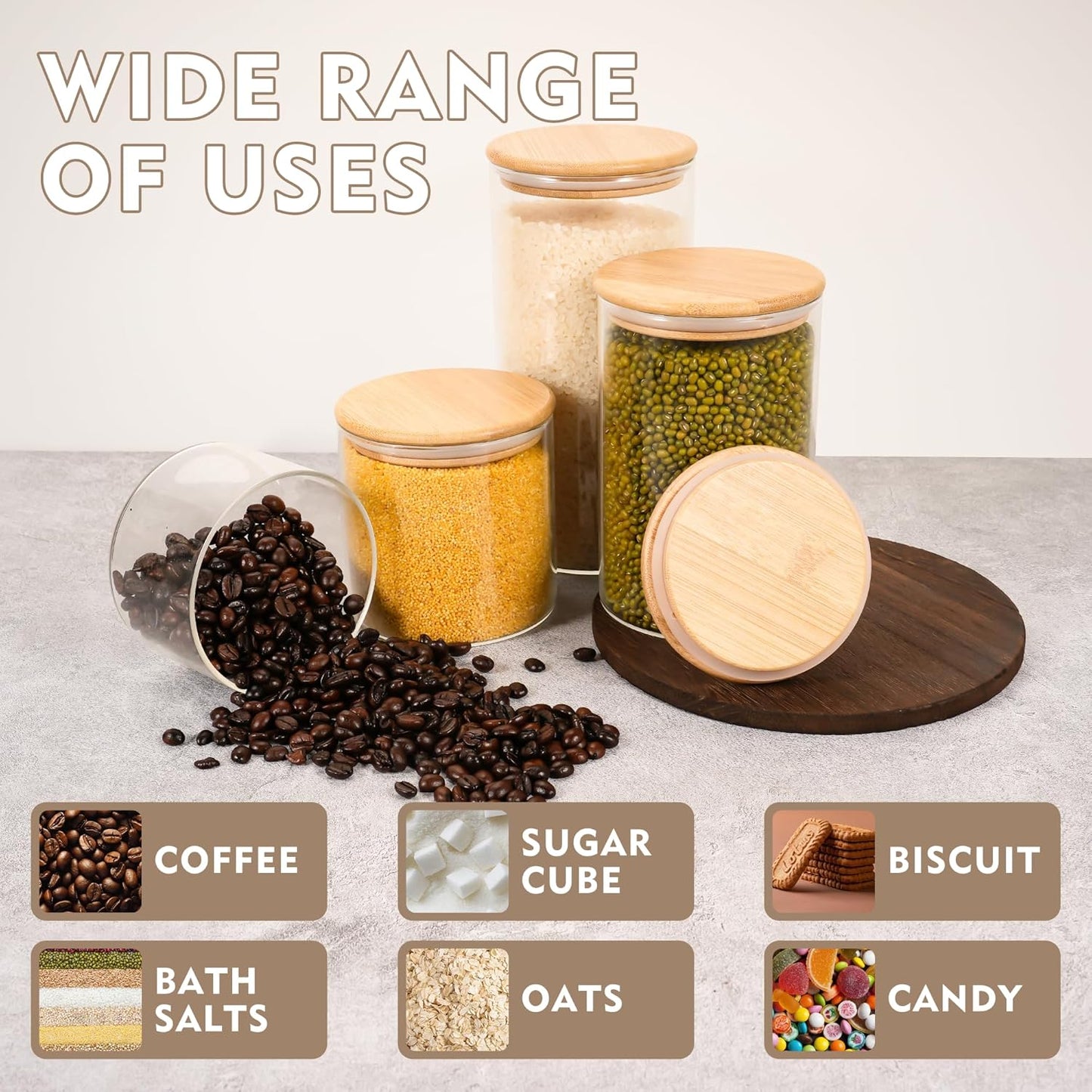 2PCS Small Glass Storage Jars with Airtight Lids,18 fl oz (550ml) Cute Clear Storage container with bamboo Lid,Glass Pantry Canister for Beans, Rice,Sugar,Cookie Coffee (N-Clear-2PCS-18FL OZ/550ML)