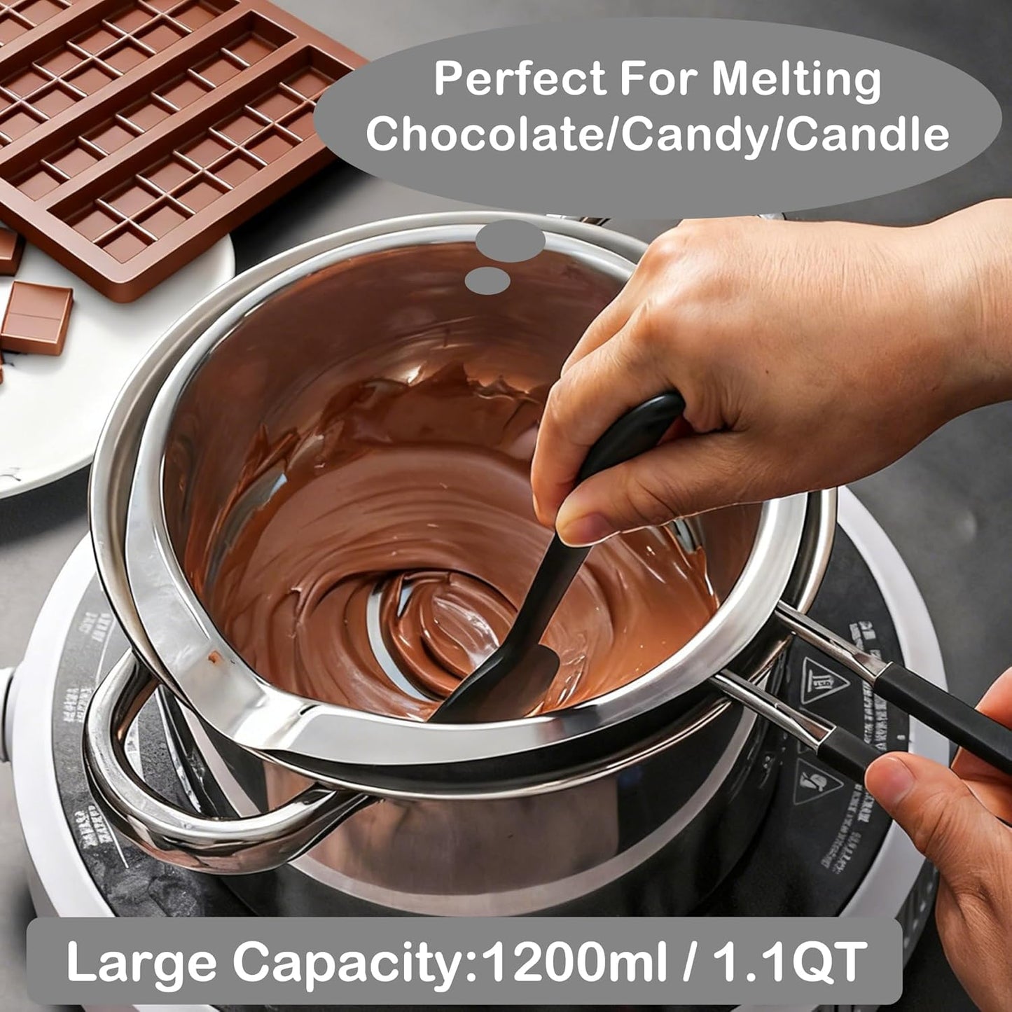 1200ML/1.1QT Double Boiler Pot With 2 Pack of Silicone Chocolate Bar Molds, Stainless Steel Chocolate Melting Pot with Non-Stick Chocolate Molds for Dubai Pistachio, Candy, Snacks