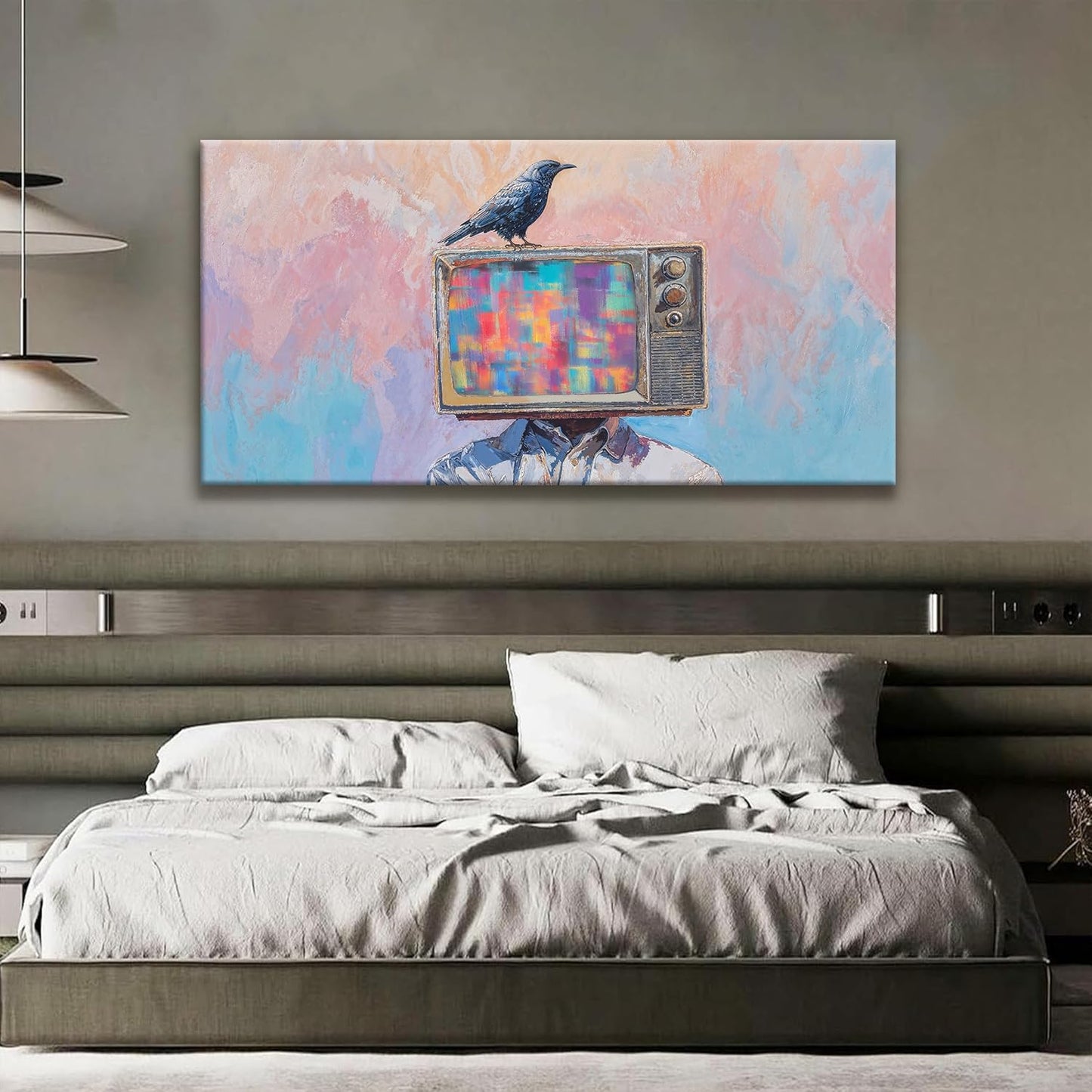 Abstract Wall Art Decor Modern Crow And Tv Head Art Prints Ready To Hang Room Wall Decor Canvas Wall Art For Living Room Bedroom Office Kitchen 24x48 Inch