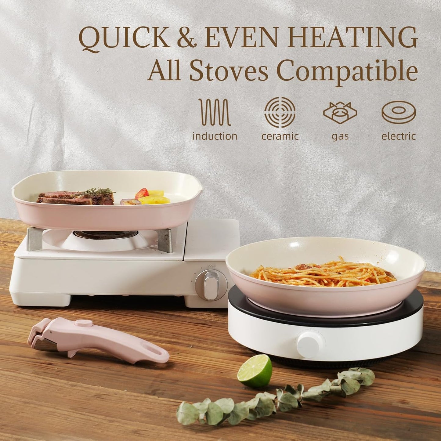 23Pcs Ceramic Cookware Set Non Stick Pots and Pans Set Non Toxic with Detachable Handle Induction Kitchen Cookware Set Space Saving, Oven & Dishwasher Safe, Light Pink