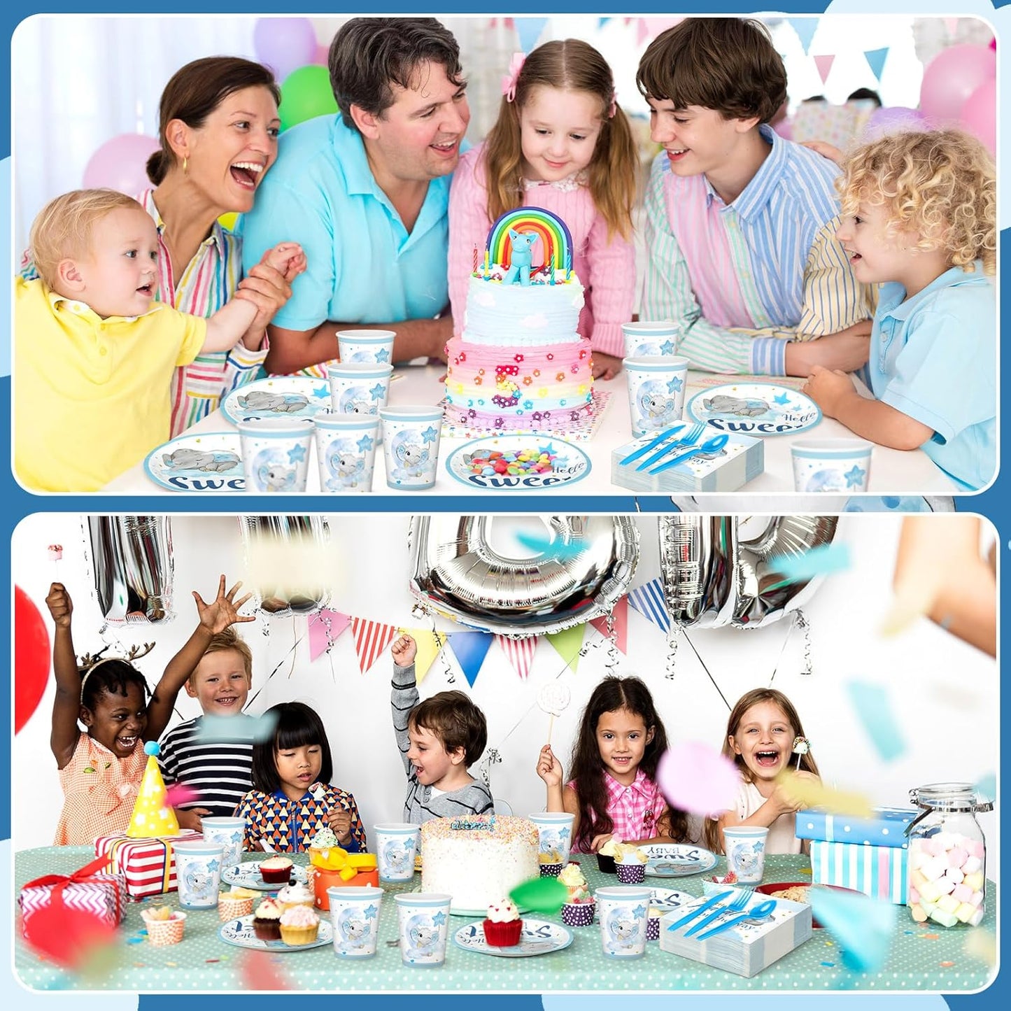 Dandat 350 Pcs Baby Shower Plates Set Baby Shower Party Supplies Serves 50 Tableware Sets Include Plates Napkin Cup Forks Knives Spoons Disposable Dinnerware(Elephant,Blue)